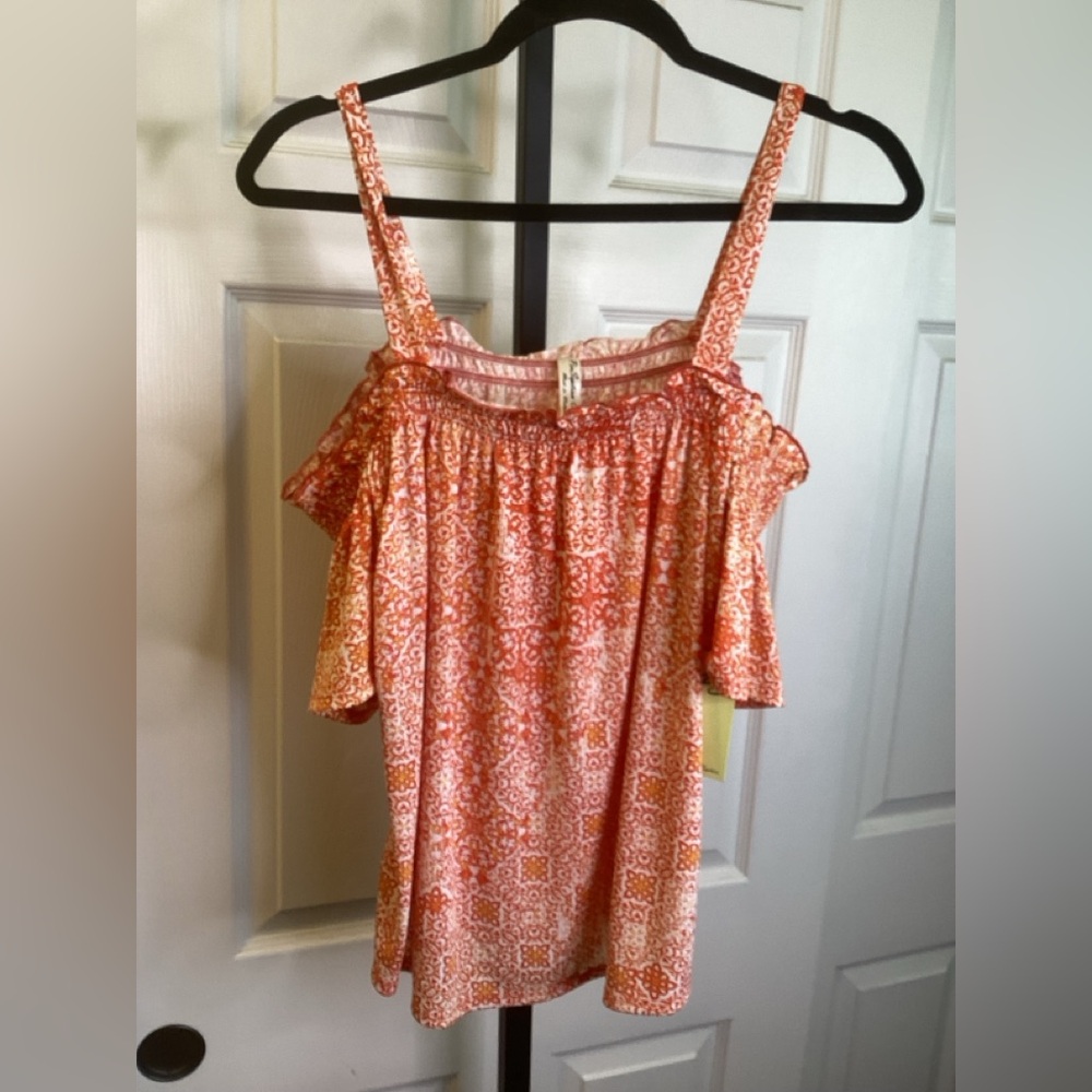 SALE - PerSeption Concept Orange Patterned Off Shoulder Top, size Small
